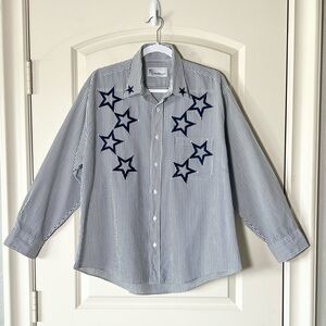 Mili Designs Embroidered Star and Rhinestone navy and white striped button up